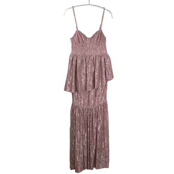 For Love & Lemons Pink Lace Dress Rhinestone Straps & Tiered Ruffle Skirt XS - Picture 1 of 7